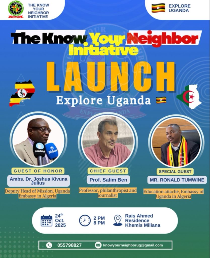 نظم طلبتنا وأصدقاؤنا  الدوليون من أوغندا فعالية بعنوان “مبادرة اعرف جارك” يوم الجمعة 24 أكتوبر 2025.جمعت هذه الفعالية ، بحضور سفير أوغندا بالجزائر، الطلبة الأوغنديين في الجزائر، الطلبة الجزائريين، والأصدقاء الدوليين لتعزيز الوحدة والتفاهم المتبادل، وتركز مهمتها على بناء جسور الصداقة والتعاون بين أوغندا والجزائر والمجتمع الأفريقي الأوسع.ركزت هذه الفعالية على عدة أهداف من أجل تعزيز الروابط الثقافية، وتشجيع الحوار، وبناء روابط مستدامة عبر الحدود.